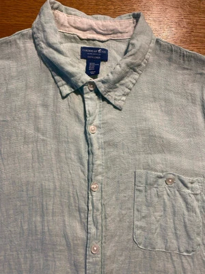 Caribbean Joe 纽扣衬衫男式 XXL 亚麻短袖口袋海泡沫绿色 — 第 1/4 张图片