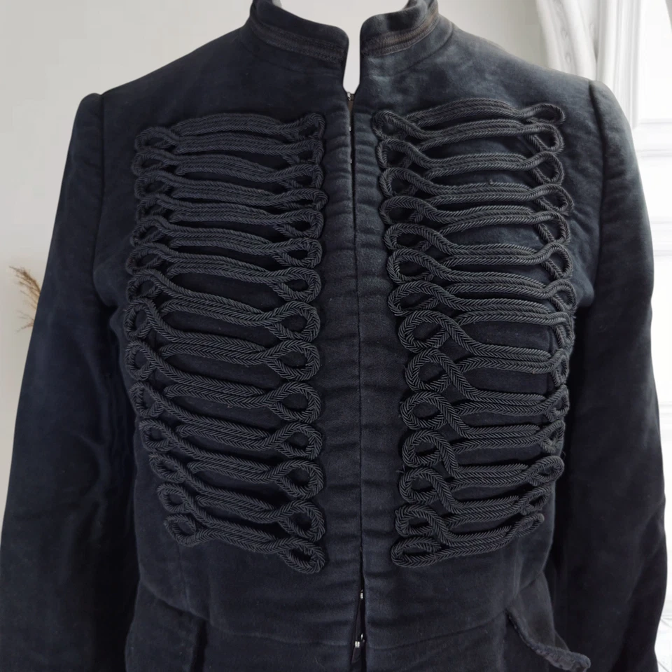 Zara Collection Black Velour Military Blazer Size M Braid Trim Jacket - Image 1 of 4