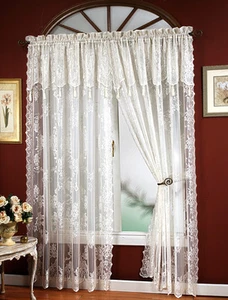 CARLY LACE CURTAIN PANEL WITH ATTACHED VALANCE WITH TASSELS - Picture 1 of 9