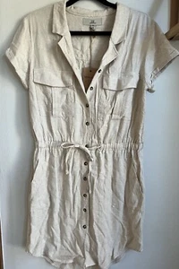 NWT Thread + Supply Women’s Dress Tan Linen Blend Button Up Sz Small - Picture 1 of 4
