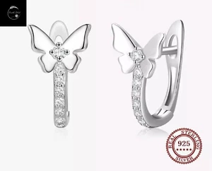 Sterling Silver 925 Earrings Butterfly Insect Crystal Hoop - Ladies Women Girls - Picture 1 of 6