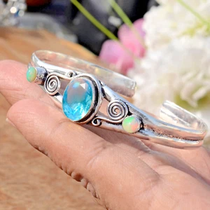 London Blue Topaz & Fire Opal Gemstone Cuff 925 Sterling Silver Bangle For Party - Picture 1 of 9
