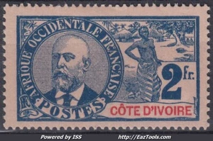 COTE D'IVOIRE : BALLAY 2F BLEU SUR ROSE N° 34 NEUF * GOMME AVEC CHARNIERE - Picture 1 of 2