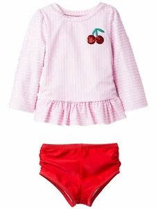 Infant & Toddler Girls Pink Stripe Cherry Red Ruffle 2Pc Summer Swim Suit 12M - Picture 1 of 1