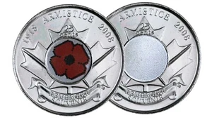 🇨🇦 Raras monedas de 25 centavos de Canadá, color + amapola armisticio sin color 2008 - Imagen 1 de 2