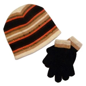 Faded Glory Girls Brown & Pink Stripes Sequin Hat & Gloves Beanie Set - Picture 1 of 1