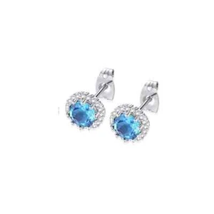 10k White Gold Plated 4 Ct Created Halo Round Blue Topaz CZ Stud Earrings - Picture 1 of 2