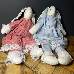 Vintage Handmade Bunny Rabbits Floppy Ears in Dresses and Bloomers - Pair of 2 - Picture 1 of 7