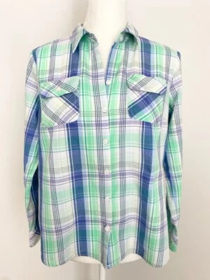 Croft & Barrow Womens Button Down Shirt Size PM Blue Green Plaid Roll Tab Sleeve - Image 1 of 4
