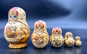 Russian Matryoshka Nesting Dolls Holding A Cat Wood Burned Hand Painted Set of 5 - Picture 1 of 20