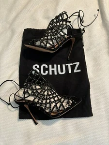 SCHUTZ SEXY Black Crystal Rhinestone Cage High Heel Stiletto Sandals 8.5 NICE - Picture 1 of 9