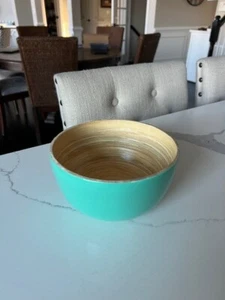 BAMBOO Bowl with Aqua Blue Lacquer Paint  Hand Made 6" Diameter - Picture 1 of 6