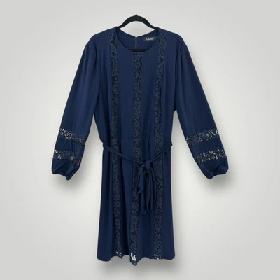 Lauren Ralph Lauren Black Label Navy Lace Dress w Belt Woman's Sz 18 Long Sleeve - Image 1 of 4