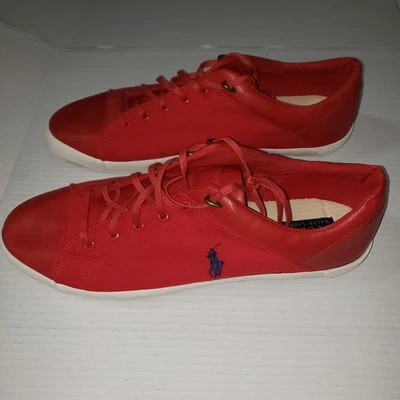 Hombres Ralph Lauren Rojo Lona Zapatos Polo Parte Superior Baja Tenis Polo Caballo Logo Talla 15  Foto 1 de 4