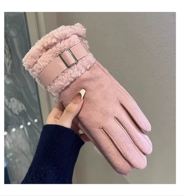 Luvas femininas de ciclismo ao ar livre tela sensível ao toque grossa quente inverno camurça fivela fria - Imagem 1 de 4