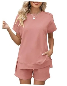 Womens Fashion 2 Piece Outfits Sweatsuits 2025 Summer Short Sleeve Medium Pink - Picture 1 of 6