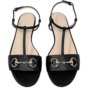 Gucci Shoes Horsebit Black Leather Ankle Tie T Strap Flat Sandals- Size 36.5 - Picture 1 of 9