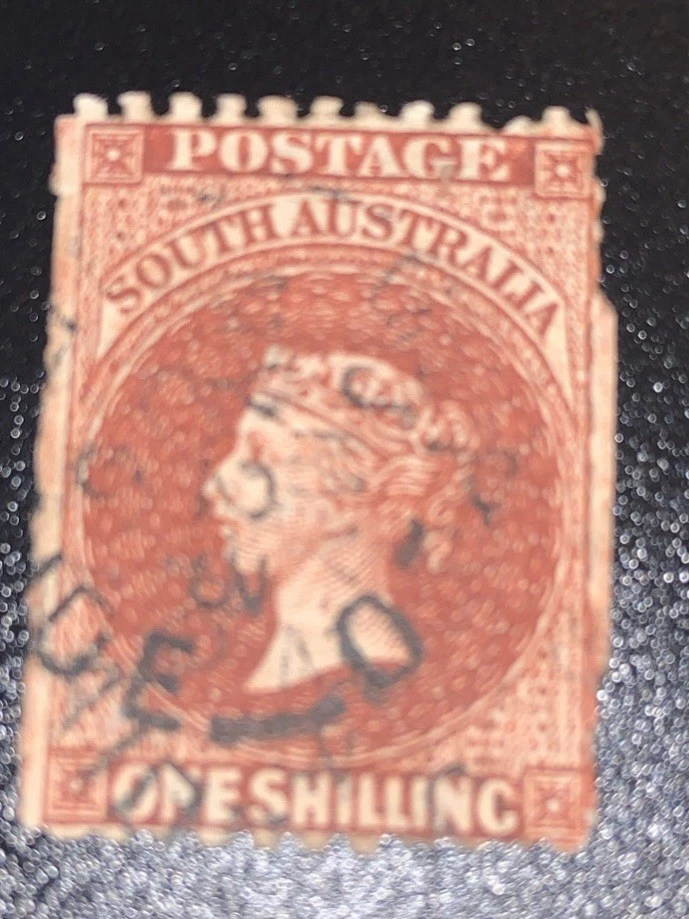 南澳大利亚 1857 年 1 先令邮票。 Scott # 9B 红色橙色 非常独特! — 第 1/2 张图片