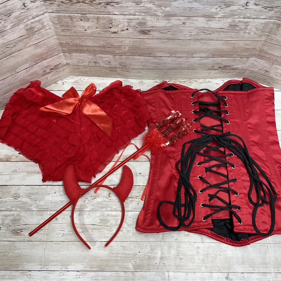 Corsés Daisy Para Mujer Top Cajón 4 Piezas Atrevido Diablo Corsé Disfraz, Rojo, Pequeño Foto 1 de 4