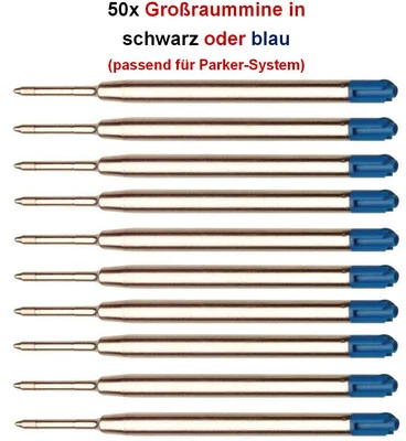 50 x Metall Großraum-Mine, BLAU o. SCHWARZ für Parker-System Kugelschreiberminen