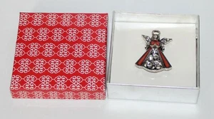 NWT BOXED GIFT PIN BROACH Red Enameled & Clear Rhinestone Silver Tone Angel 1.75 - Picture 1 of 1