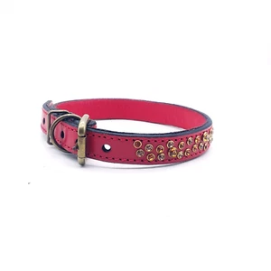 Red Leather Dog Collar Orange Rhinestone Studded Gems Size Small 18" Adjustable - Picture 1 of 9