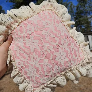 Vintage Small Lace Pink With Ruffles Pillow Couch Sofa Decor - Picture 1 of 11