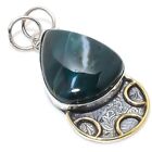 Natural Indian Moss Agate Stone 925 Sterling Silver Two Tone Pendant 2.21