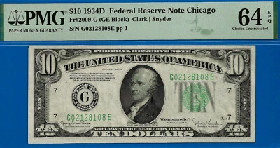 1934D $10 Federal Reserve Note PMG 64EPQ Top Pop GE Block Fr 2009-G - Image 1 of 3