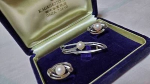 MIKIMOTO Large Pearl Silver Cufflinks Tie Clip Bar Set #696 - Picture 1 of 9