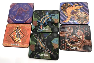 Australia Aboriginal Art Coasters Cork Back Set Of 6 Animals New in Box - Picture 1 of 8