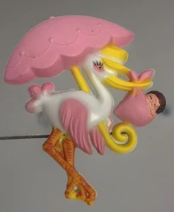 Vintage Cake Decoration Baby Shower Gender Reveal Pink Stork With Baby 5” Topper - Picture 1 of 5
