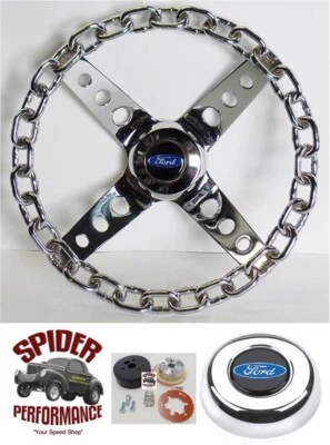 1961-1964 Ford pickup steering wheel BLUE OVAL 11" CHROME CHAIN - Image 1 of 4