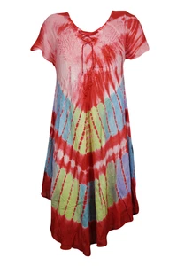 Boho Gypsy Hippy Tie Dye Red Dress Loose Flared Holiday Beach Cover Up Dresses L