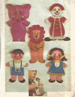 9739 Simplicity Transfer Pattern 5 Finger Puppet Toys Elephant Lion Girl Boy Vtg - Image 1 of 4