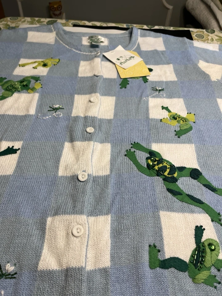 Quacker Factory Embroidered Frogs Button Down Short Sleeve Sweater 3X~ NWT - Image 1 of 4