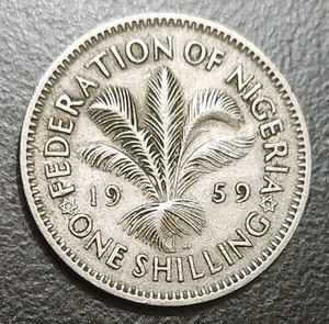 1959 British Nigeria 1 Shilling Coin KM 5 Palm Queen Elizabeth II Security Edge - Picture 1 of 2