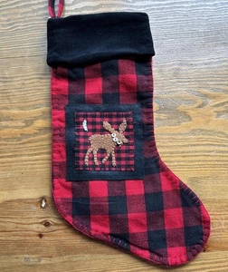 Christmas Stocking Moose Red Black Plaid 17” Long EUC - Picture 1 of 3