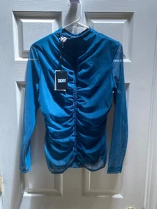 Women NWT "DKNY" teal,see thru long sleeve gather top. size Sm. Reg. $79.00 - Picture 1 of 2