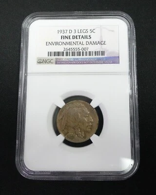 1937 D 5C Indian Head 3 Legs Buffalo Coin - NGC Fine Details - Image 1 of 4