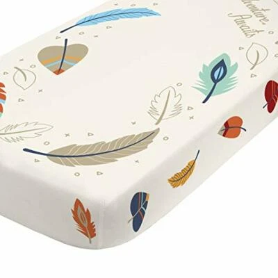Feather/Adventure Awaits Fitted Crib 100% Cotton Sheet- Navy, Tan, & Red by NoJo - Image 1 of 3
