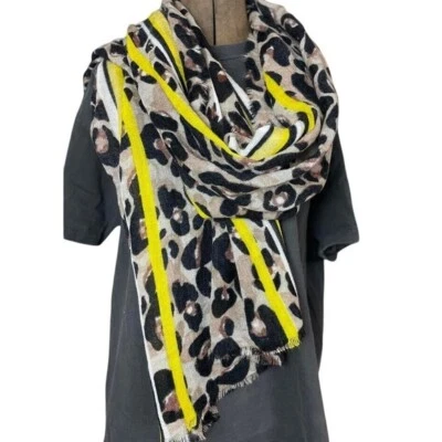 Bufanda Tejida Estampado Animal Leopardo 30" x 80" Rayas Amarillas Borde Crudo Ligera Foto 1 de 4