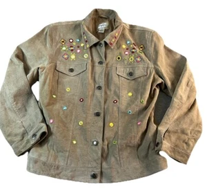 Chico's Jacket Womens Size 2 US L Suede Leather Beige Tan Soft Embellished - Picture 1 of 16