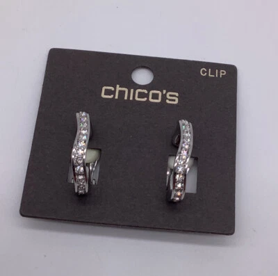 Chico's Silver / Crystal Small Hoop Clip耳环全新无标签 — 第 1/4 张图片