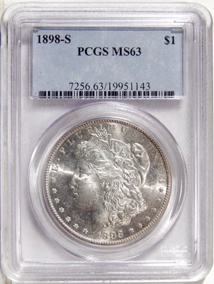 1898-S $1 graduación profesional MS 63 ~ LLAMATIVO MEJOR FECHA DÓLAR MORGAN DE PLATA Foto 1 de 2
