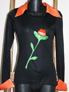 VINTAGE 70er~Damen~SCHWARZ orange~NYLON~LANGARMHEMD~DOLCHKRAGEN~klein - Bild 1 von 11