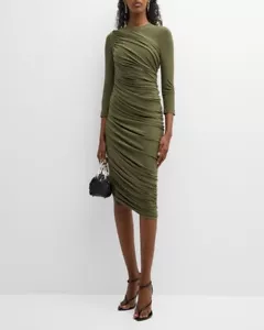 Norma Kamali Diana Dress Women's Medium Green Ruched Long Sleeve Sheath JDM1361 - Picture 1 of 10