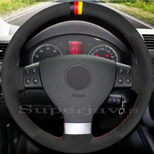Black Suede Leather Steering Wheel Stitch on Wrap Cover For VW Passat B6 Jetta 5 - Picture 1 of 10