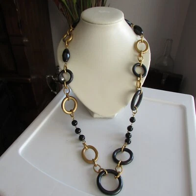 Collar vintage de cuentas de madera dorada y negra de 36" de largo Foto 1 de 4