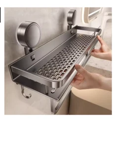 Aluminum Bathroom Wall Suction Cup Rack Shower Caddy Shelf-Organiser Holder - Picture 1 of 7